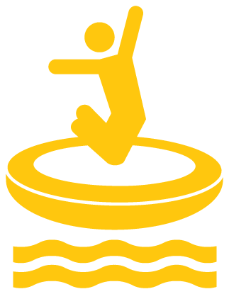 yellow stick figure jumping into a yellow circular trampoline, with three wavy lines below the trampoline, possibly representing water